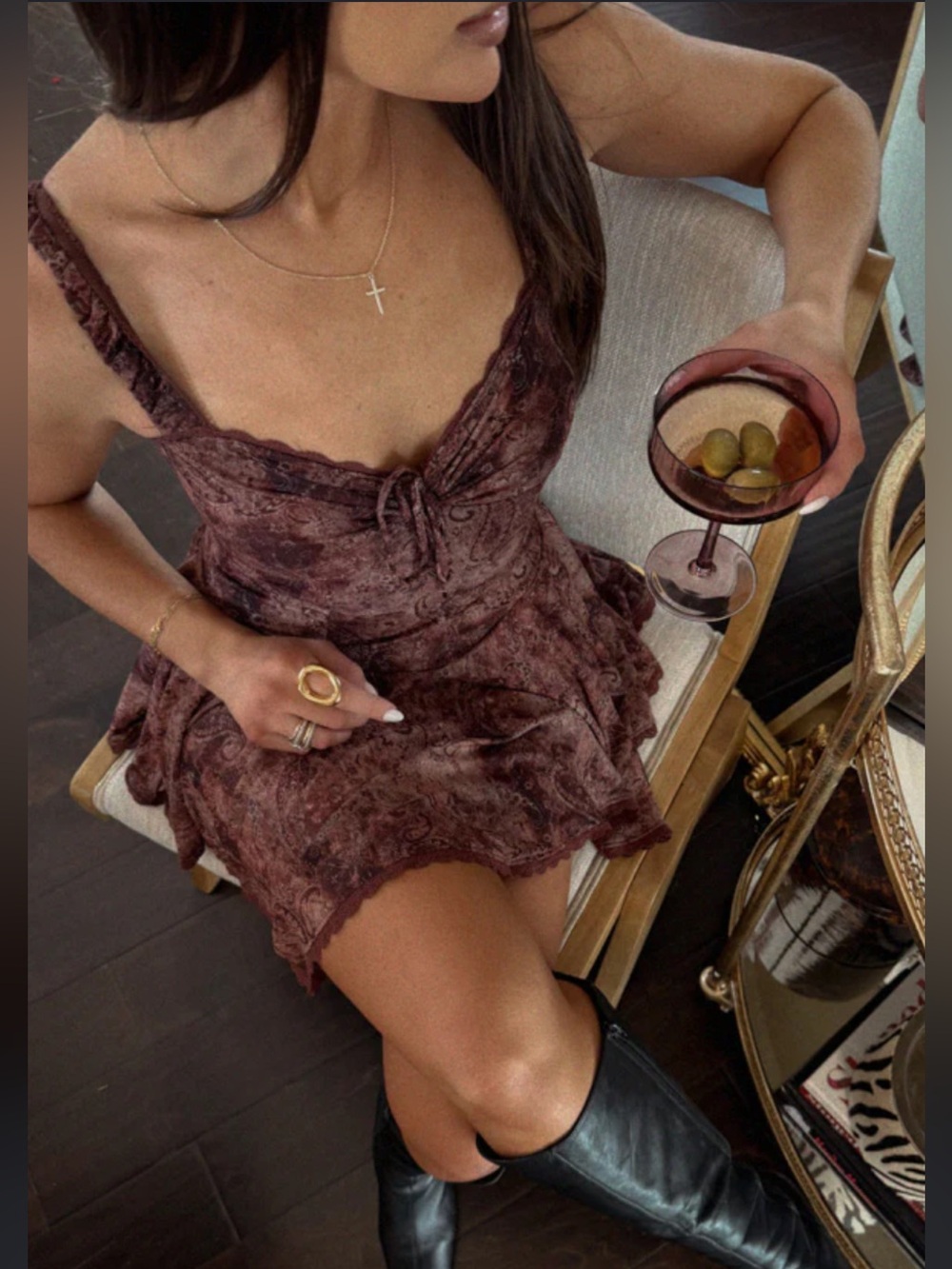 Storia Rose-Mauve Floral Ruffle Mini Dress